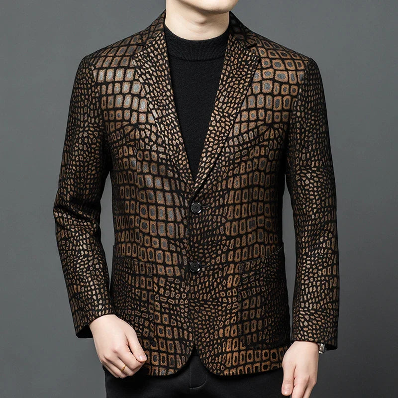 Luxurious Sheepskin Blazers For Men Smooth Casual Leather Jacket Winter Top Quality Leopard Print Slim Gentleman Terno Masculino