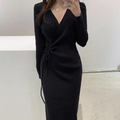Chic V-ne Knitted Wrap Waist Slimming Mid-length A-line Dr Women's Sweater Dr Korean Sle High Waist Long Sve