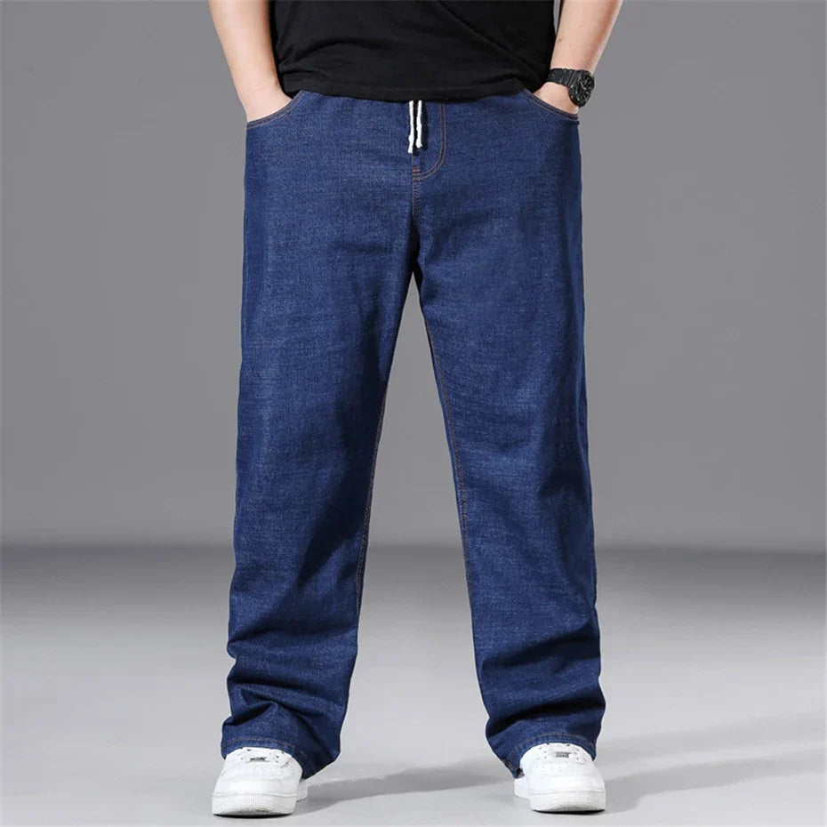 8XL Plus Size Jeans Men Solid Color Denim Pants Male Fashion Casual Baggy Jeans Elastic Waist Straight Pants