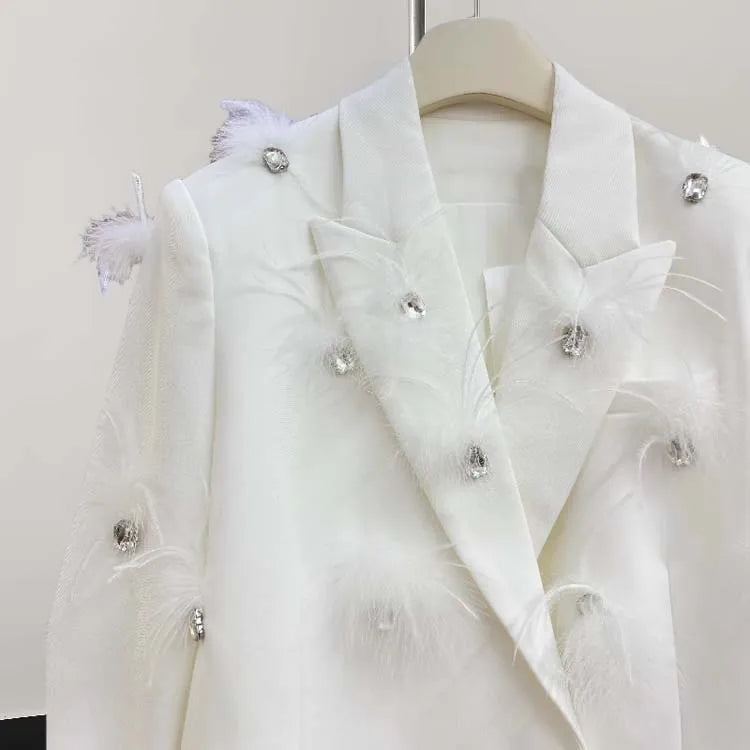 Luxury feather Faux diamond blazer Women 2025 New Double breasted rhinestones jacket High quality Loose Lady suit INKEO 4O089