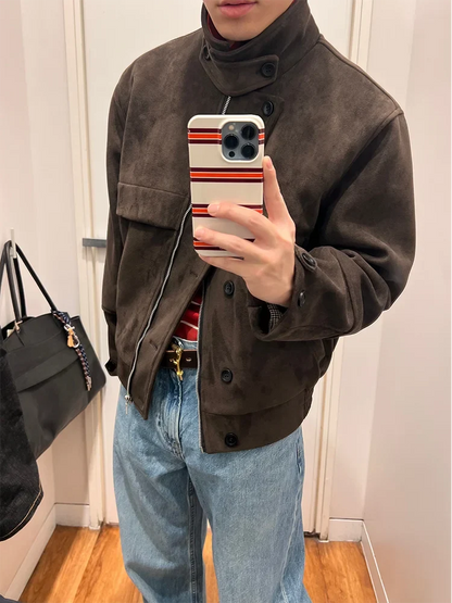 Spring Autumn Cool Short Soft Brown Faux Suede Leather Jacket Men Turn-down Collar Zipper Luxury Designer Clothes