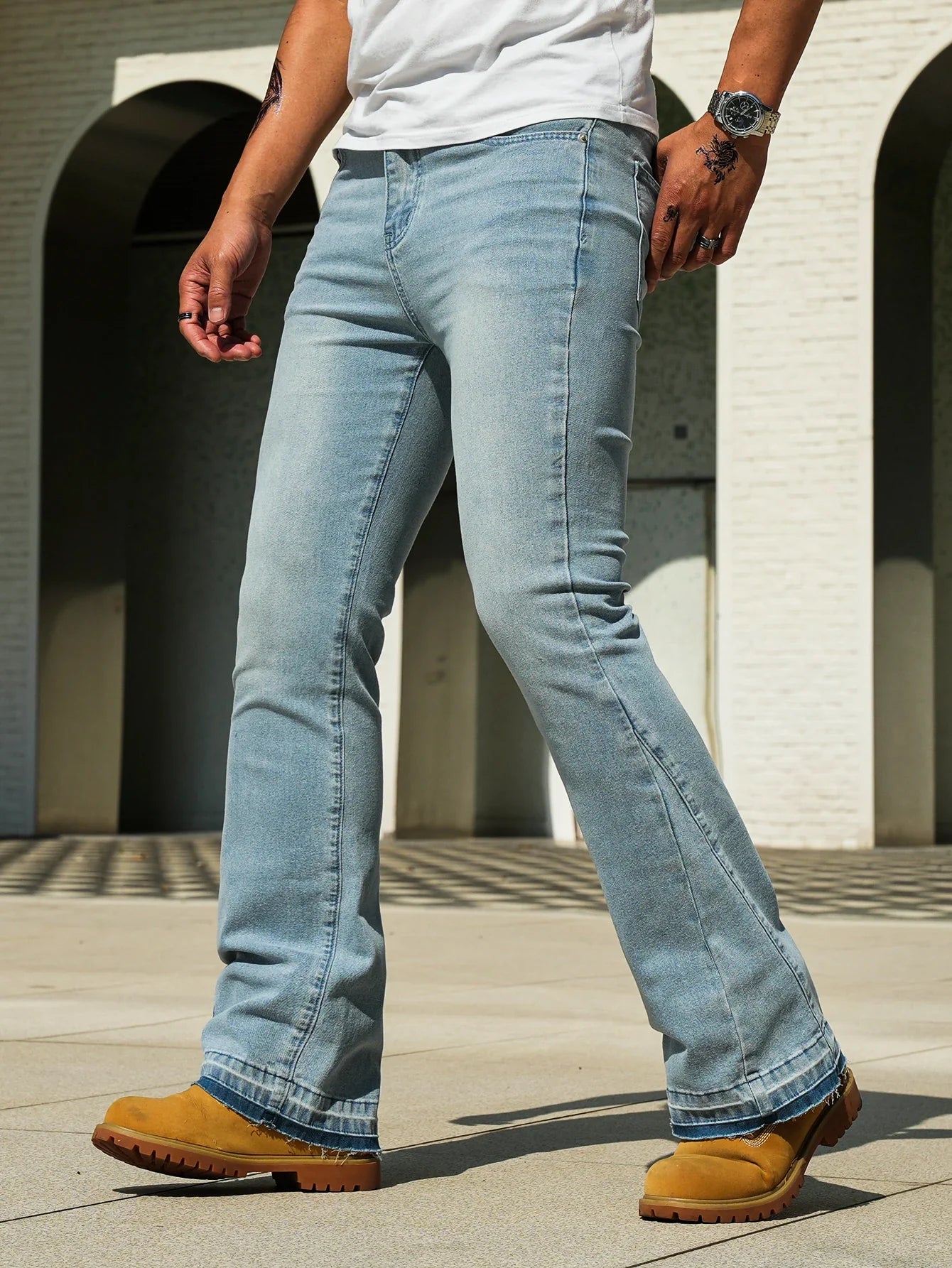 Men's Vintage Light Blue / Black Flare Jeans, Slim Straight Leg Raw Hem Casual Denim Pants