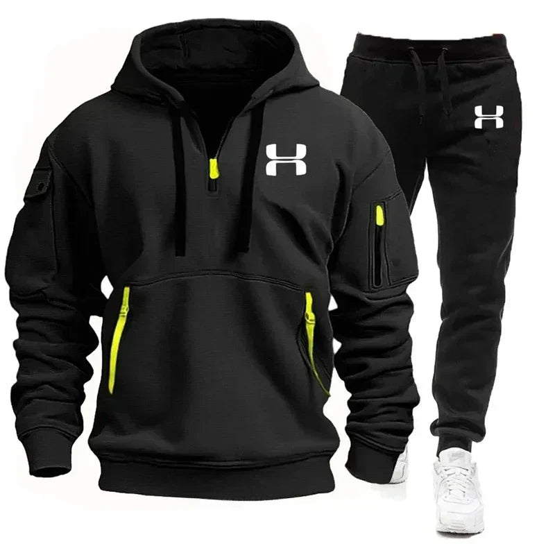 Men's autumn and winter new zipper long sleeved hooded sweatshirt, sports and casual pants, two-piece fitness jogging suit