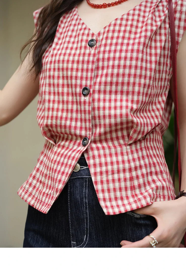Women's Fashion V-neck Shirt 2026 Summer New Plaid Ladies Red Button Shirt Casual Retro Top Female Clothing MXE37X1921