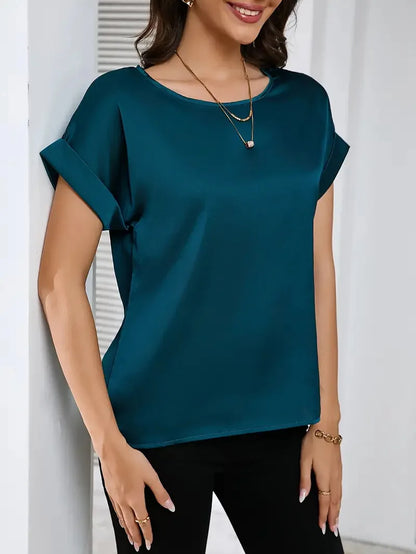 2025 Women's Clothing Summer New Simple Style Round Neck Solid Color Light Sensation Short Sleeve Loose T-shirt