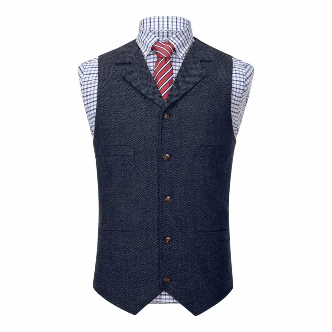 Men Vest Blue Herringbone With Lapel Single Button Waistcoat For Wedding Commute Business Office Work Daily Casual Men Suit Vest