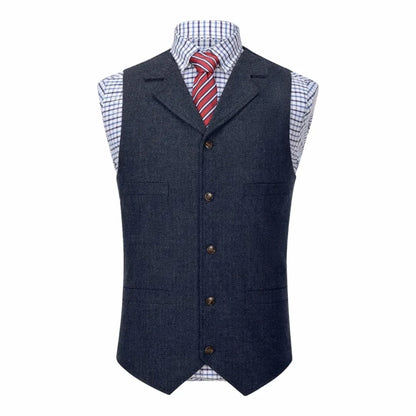 Men Vest Blue Herringbone With Lapel Single Button Waistcoat For Wedding Commute Business Office Work Daily Casual Men Suit Vest