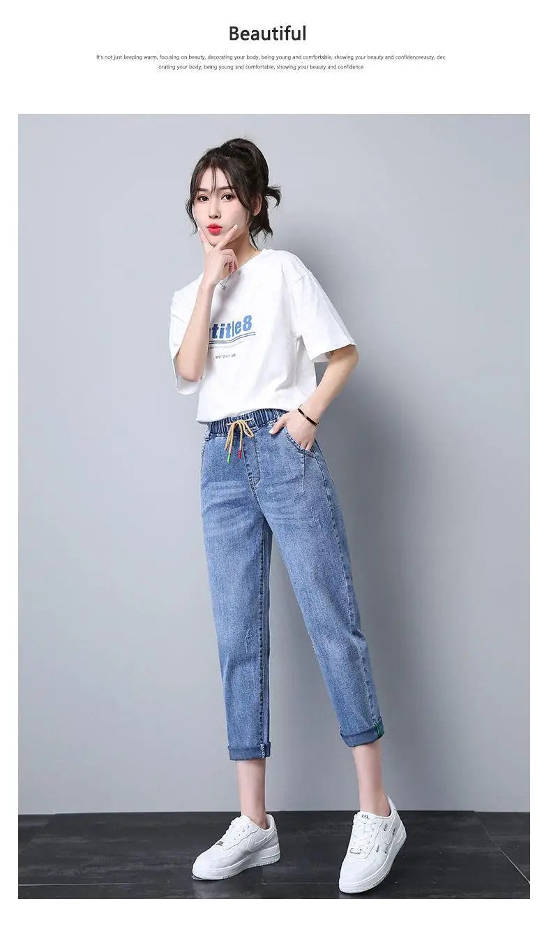 Elastic Waist Dad Harem Jeans Women's Light Blue Spring Summer New Style High Waist Wear Resistant Eighteen Inches Blue Jeans