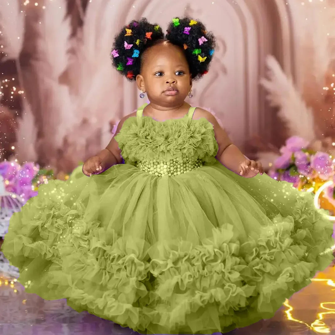 Customized Flower Girl Dress Purple Tulle Tiered Pearls Sleeveless For Wedding Birthday Party Banquet Prom Holy Communion Gown