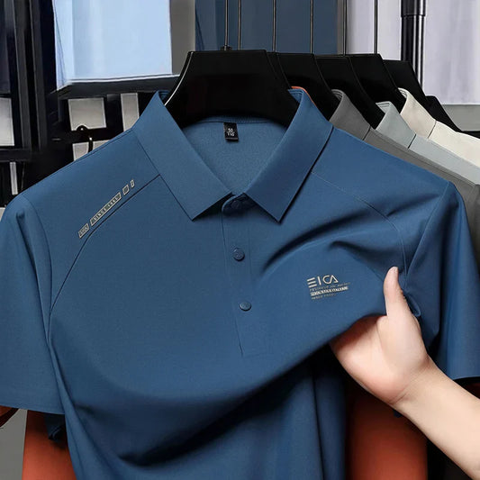 High quality ice silk short sleeve polo shirt cool breathable fashion brand letter printed summer casual men's lapel T-shirt