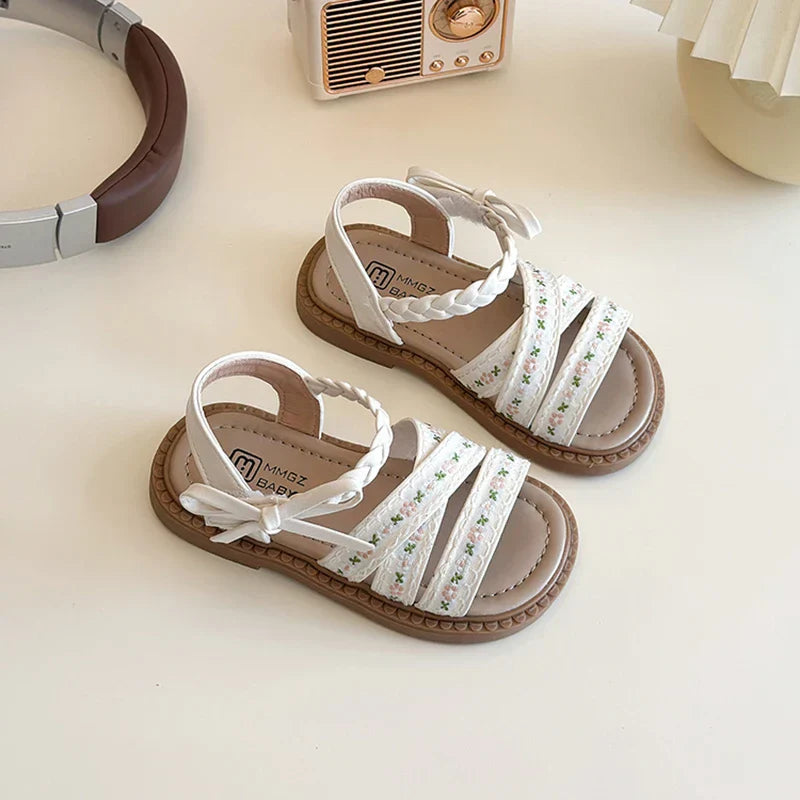 Summer Girl's Sandals Braided Flower Classic Trendy Vintage Kids Sliders Beige Brown Open Toe Holiday Pu Leather Children Shoes