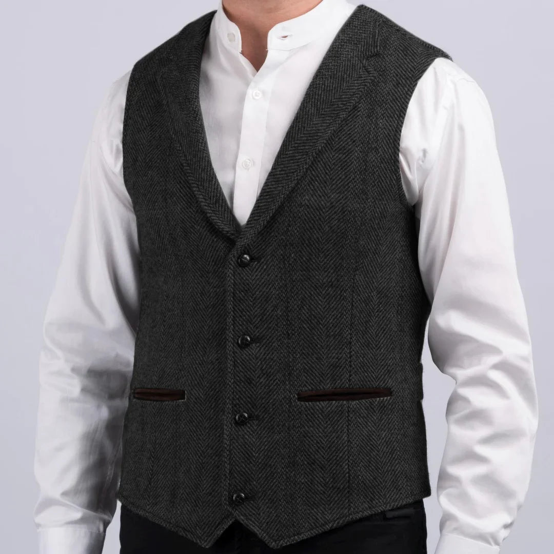Men Vest Gray Herringbone With Lapel Pocket Single Button Waistcoat For Wedding Party Business Work Daily Casual Men Suit Vest