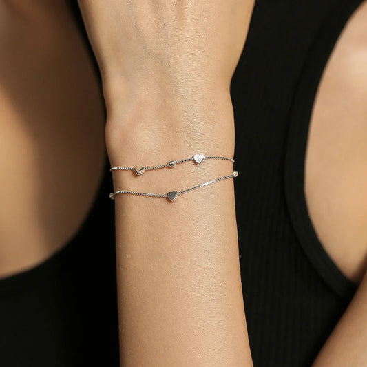 Bracelet Cœur Double Couche en Argent Sterling 925, Chaîne Maillons Simple Réglable pour Femmes, Bijoux Cadeaux de Noël