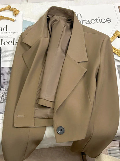 Autumn Solid Color Cropped Suit Jacket for Women Turn Down Collar Single Button Blazer Female Casual Office Lady Blazers Coat
