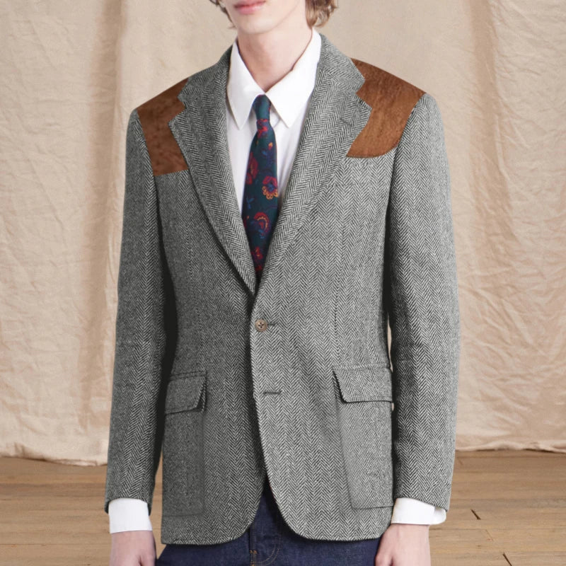 Vintage Men's Herringbone Tweed Blazer Suede Shoulder Patch Notch Lapel Slim Fit Jacket Casual Business Suit Sport Coat for Men