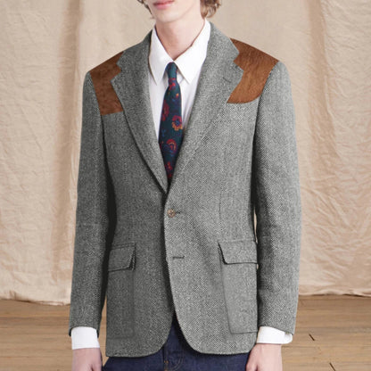 Vintage Men's Herringbone Tweed Blazer Suede Shoulder Patch Notch Lapel Slim Fit Jacket Casual Business Suit Sport Coat for Men