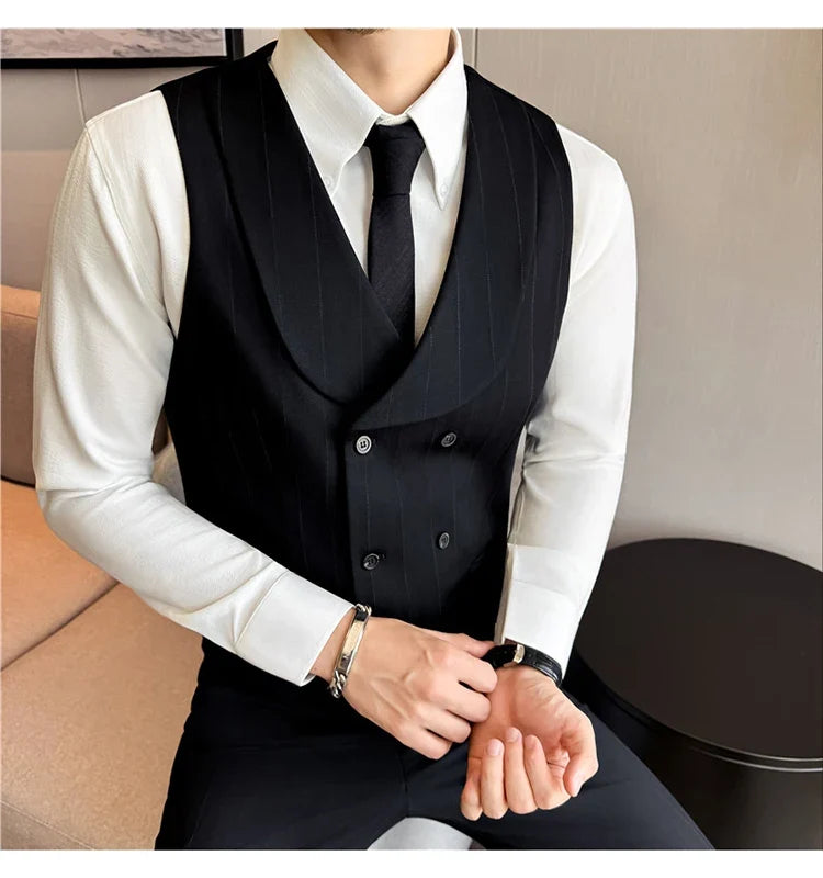 ( Vest+Pants) Autumn Winter Thicken Wool Striped Suit Vest 2 pieces Men Fashion Slim Fit Business Casual Wedding Dress Vest Sets