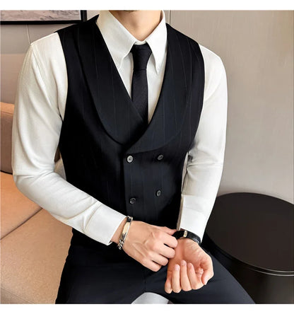 ( Vest+Pants) Autumn Winter Thicken Wool Striped Suit Vest 2 pieces Men Fashion Slim Fit Business Casual Wedding Dress Vest Sets