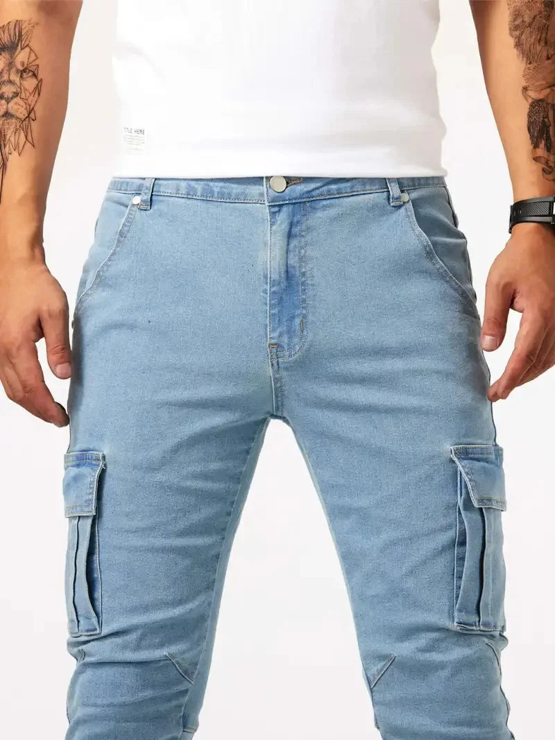 Street Elastic Jeans Men Denim Cargo Pants Wash Solid Color Multi Pockets Casual Mid Waist Trousers Slim Fit Daily Wear Joggers