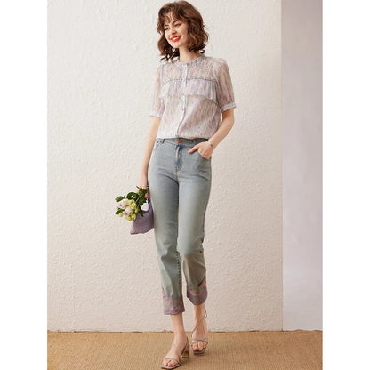 Women Shirt Elegant Print Beading Blouses 2024 Summer O Neck Short Sleeve Women's Top