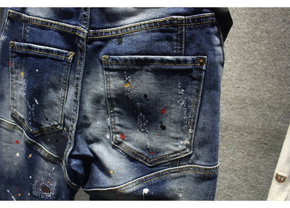 Street Fashion Men Jeans Retro Blue Stretch Slim Fit Spliced Ripped Jeans Men Painted Designer Hip Hop Vintage Denim Pants Homme