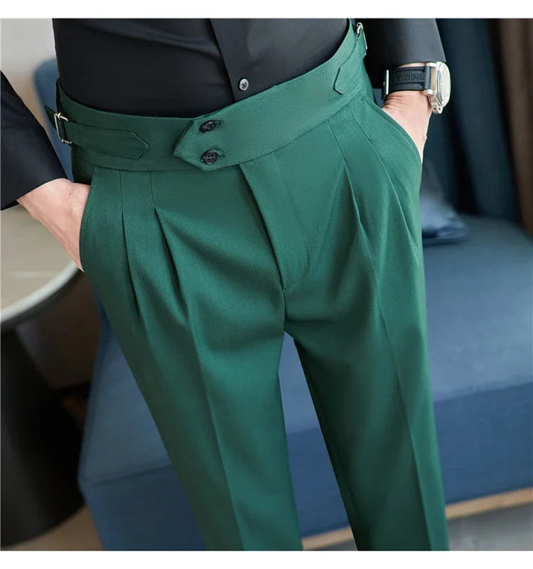 British Style Autumn New High Waist Trousers Men Belt Design Slim Fit Suit Pants Office Social Wedding Party Formal Pants Hommes