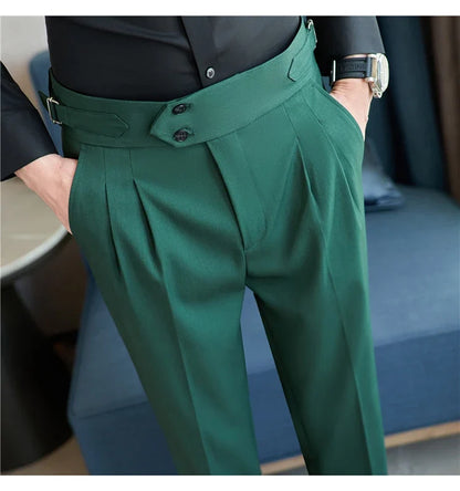 British Style Autumn New High Waist Trousers Men Belt Design Slim Fit Suit Pants Office Social Wedding Party Formal Pants Hommes