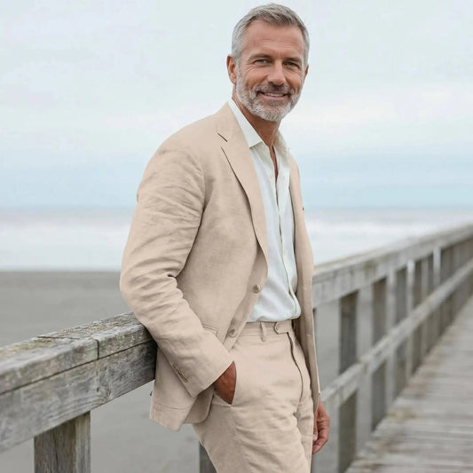 Men's linen casual men's beach party business suit two-piece wedding tailcoat set with split collar suit jacket and pants