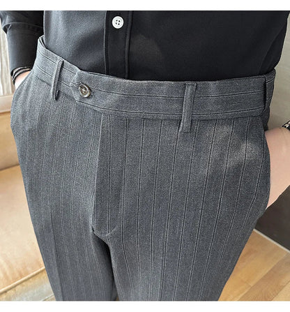 High Quality Striped Suit Pants 2025 Autumn New Fashion Slim Fit Business Elastic waisted Pants Male Wedding Party Trousers