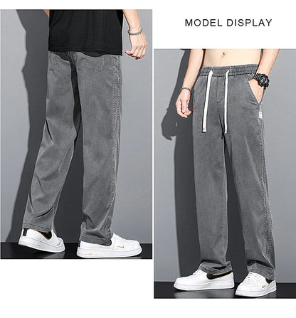Summer Soft Lyocell Fabric Men's Jeans Thin Loose Straight Pants Drawstring Elastic Waist Korea Casual Trousers Plus Size M-5XL