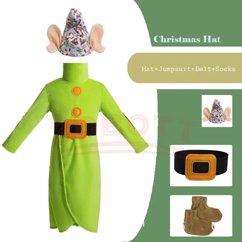 Seven Dwarf Man Costume Snow Princess Outfit Christmas Child Boys Girls Big Ears Elf Pixie Cosplay Santa Party Clothes For Kids