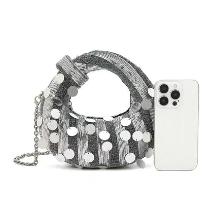 Half Moon Evening Clutch Party Bags For Women Luxury Designer Denim Tassel Rhinestone Handbag Shiny Sequins Chain Shoulder Purse