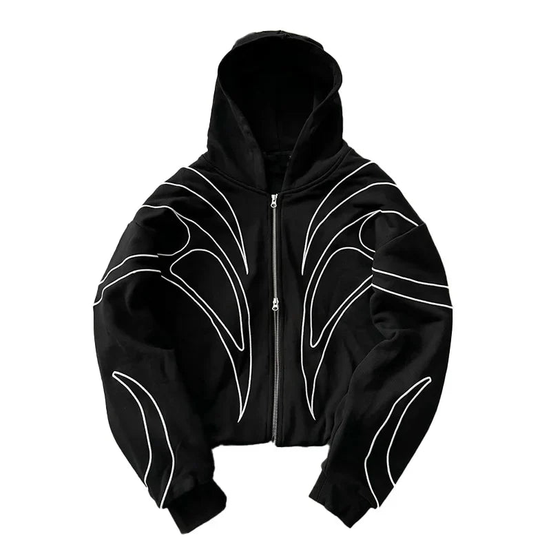 Street Retro Fashion Clothing Striped Embroidered Black Double Zipper Hoodie American Hip-hop Punk Oversized Sweatshirt women