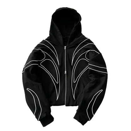 Street Retro Fashion Clothing Striped Embroidered Black Double Zipper Hoodie American Hip-hop Punk Oversized Sweatshirt women