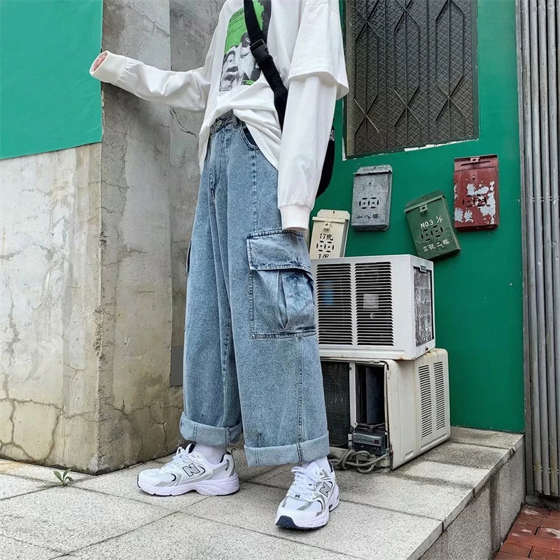 Baggy Jeans Men's Oversize Streetwear Fashion Wide Leg Cargo Pants Hip Hop Harajuku Multi-Pocket Denim Trousers Black Blue