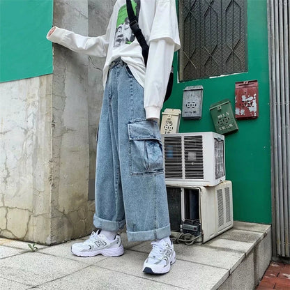 Baggy Jeans Men's Oversize Streetwear Fashion Wide Leg Cargo Pants Hip Hop Harajuku Multi-Pocket Denim Trousers Black Blue