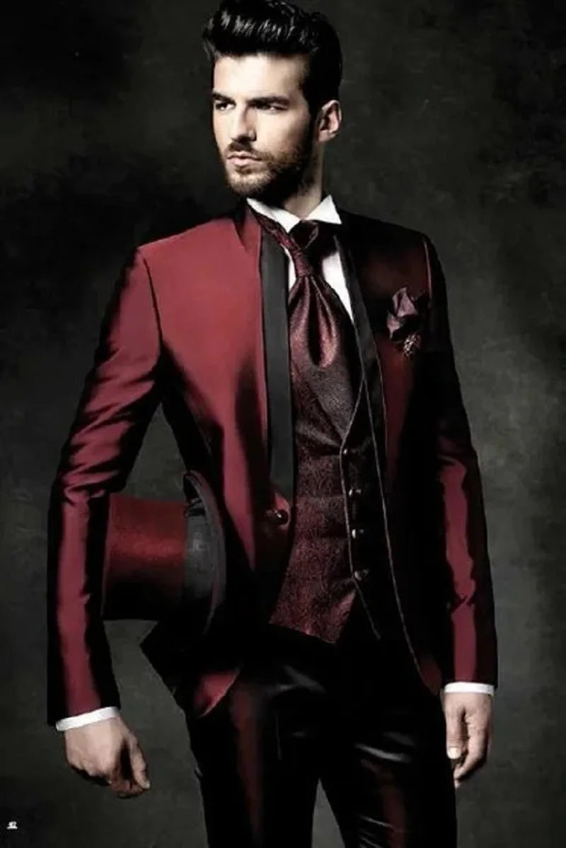 Grey Wedding Men Tuxedos Stand Collar Suit Men's Business Office Slim Fit Good Quality Male Suits 3 Pieces Sets