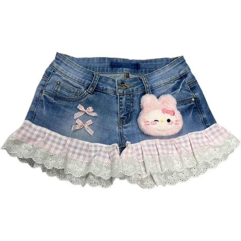 Y2K Vintage Spice Girls Cute Two-dimensional Pink Plaid Rabbit Ears Stitching Lace Denim Shorts Retro Sweet Cowboy Short Pants