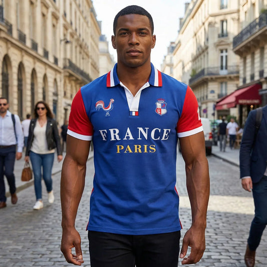 Men's polo shirt Paris France embroidery stitching color contrast classic fashion original design polo collar pure cotton