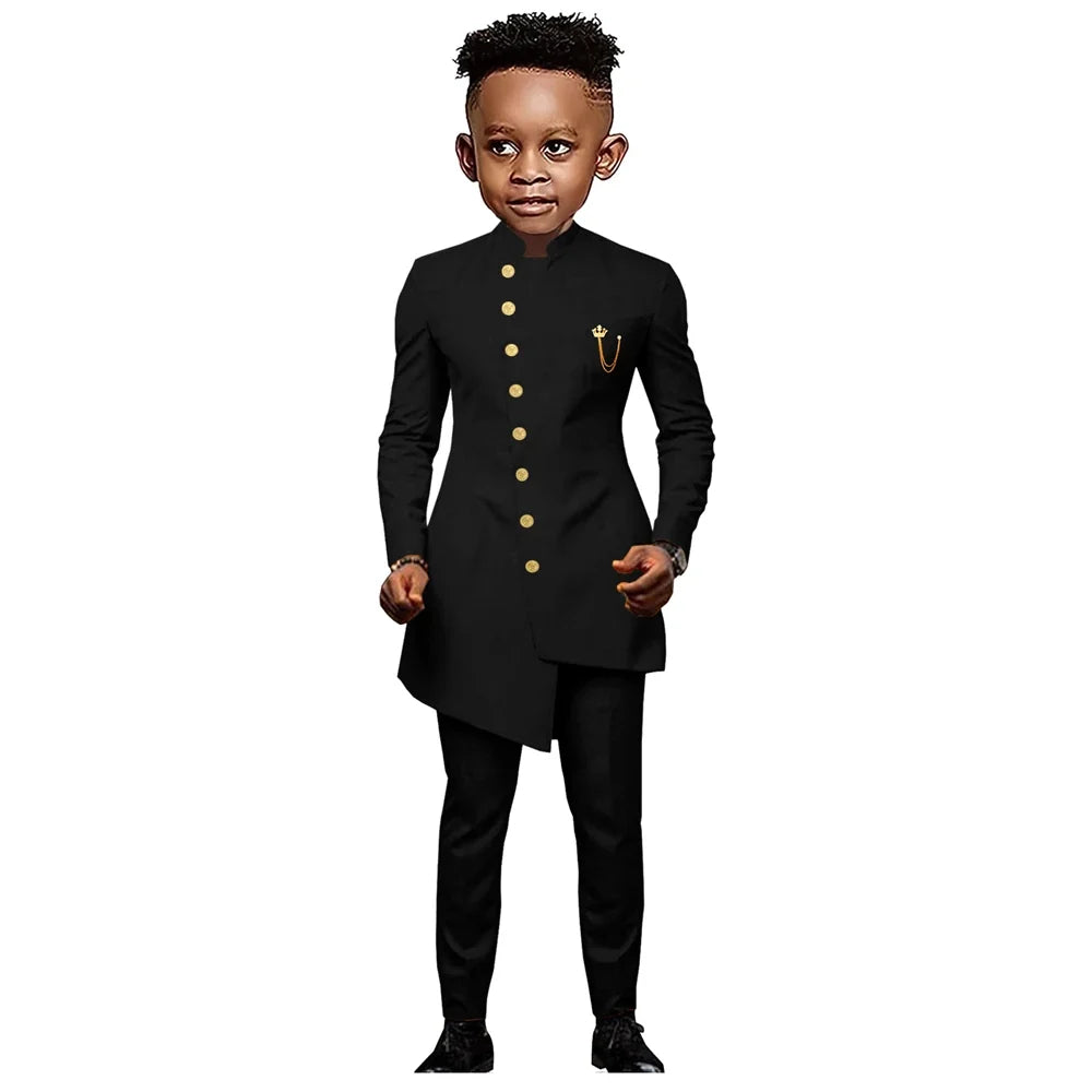 Designer Kids Suit Gold Button 2-Piece Jacket Pants Set for Children 3-14 Yrs Half Stand Collar Birthday Christmas Party Oufit