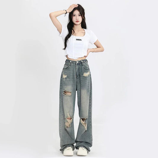 American Vintage Hole Y2k Women Jeans High Waist Jeans Wide Leg Baggy Loose Straight Hip Hop Streetwear Dragging Denim Pants