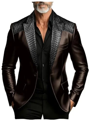 Men's Faux Suede Jacket with PU Leather Collar & Shoulder Two-Tone Blazer Contrast Trim Coat