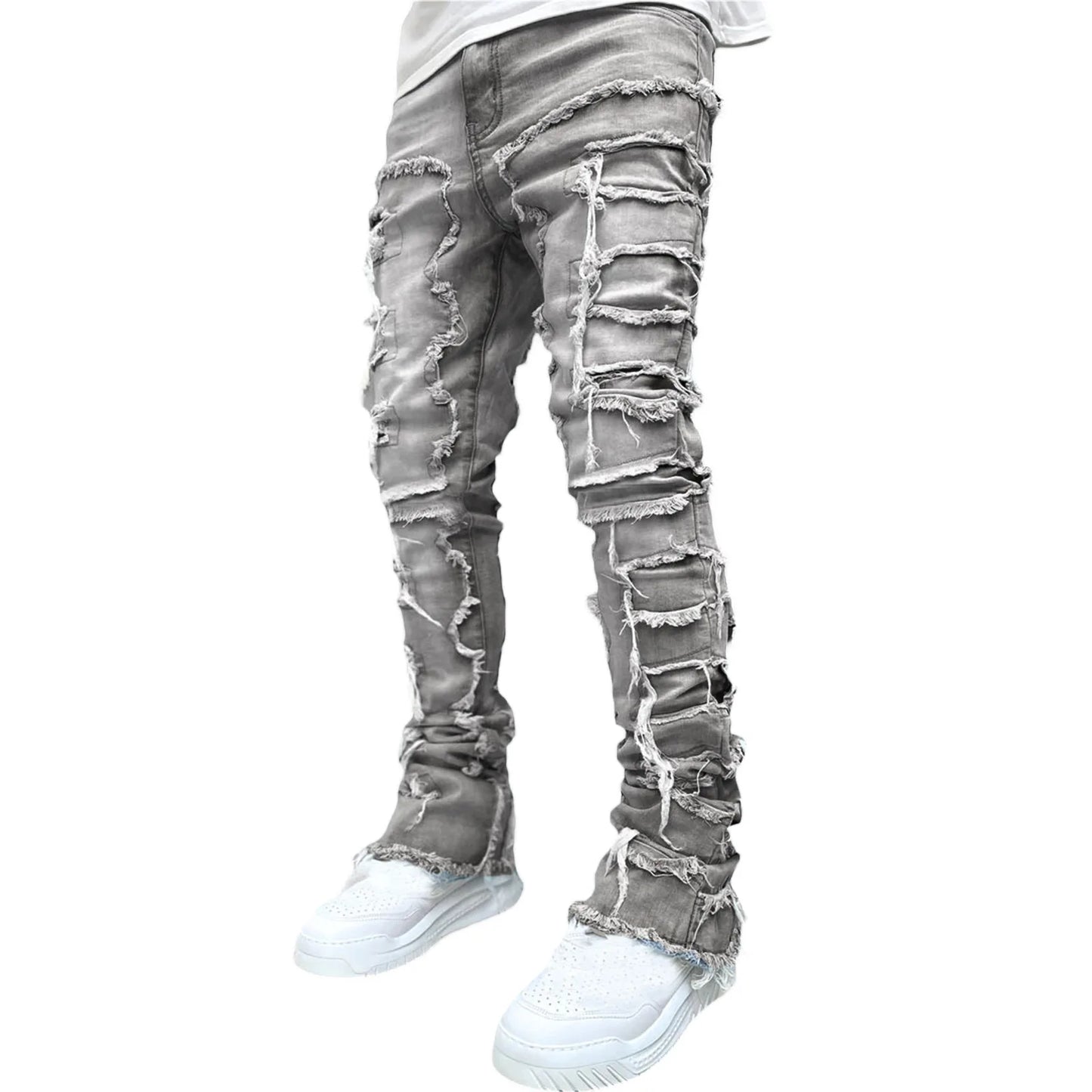 New European and American Heavyweight Streetwise Stretch Patch Jeans for Men, High Street Straight Fit Long Jeans16-3001