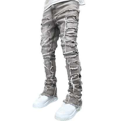 New European and American Heavyweight Streetwise Stretch Patch Jeans for Men, High Street Straight Fit Long Jeans16-3001