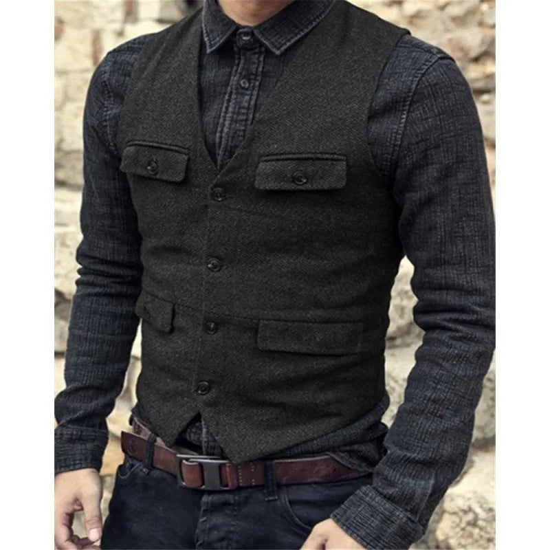 Men Vest V Neck Classic Steampunk Suit Wool Tweed Notch Lapel Thick Tweed For Wedding Groom Banquet Waistcoat