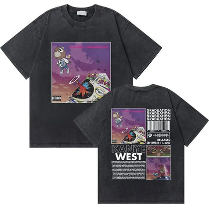 Washed Vintage Rapper Kanye West Graduation Bear Graphic T Shirt Men Pure Cotton T-shirt Men's Hip Hop Fashion Oversized Tshirt
