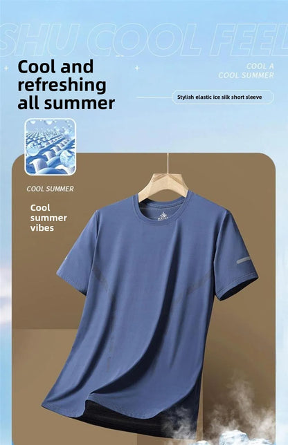 Ice Silk Men's T-Shirt Quick Dry Thin Short Sleeve Breathable Half Sleeve Large Size Casual Sporty Trendy round Neck Short Sl...