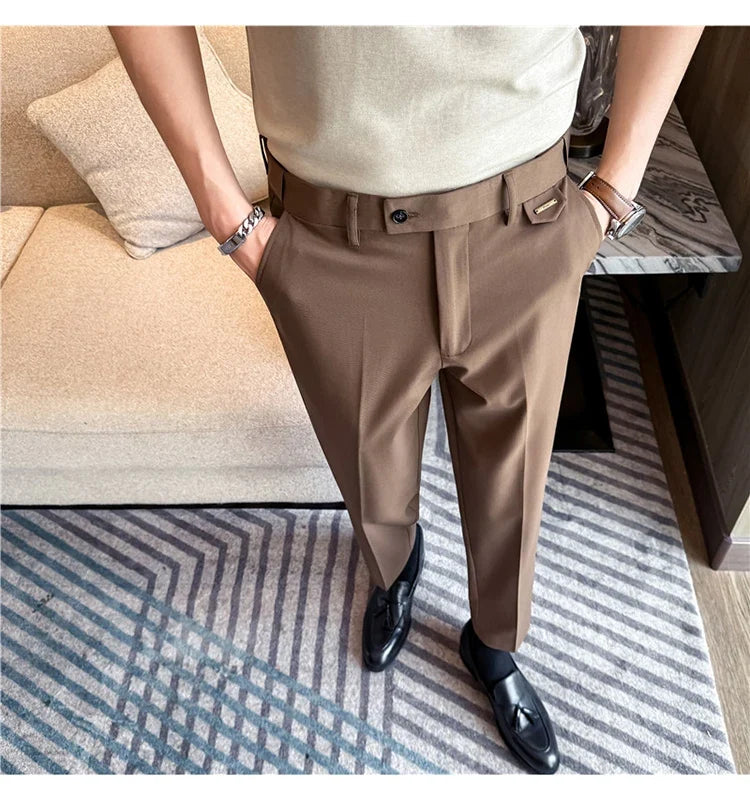 High Quality Modal Acetate Elastic Waist Casual Pants 2026 Spring Summer New Men's Solid Color Slim Fit Business Suit Pants