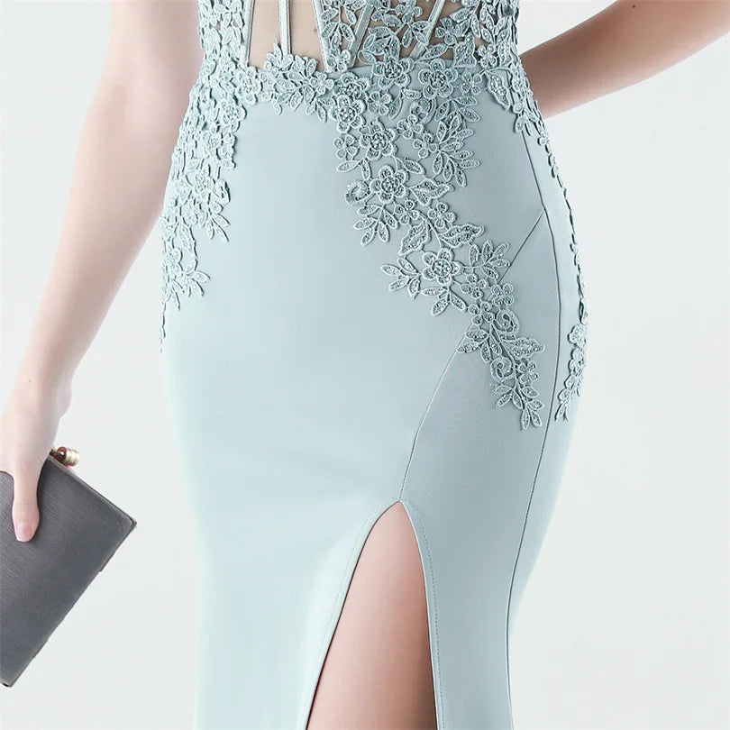 10 Colors Women's Sexy Slit Evening Dress with Appliques Soft Satin Wedding Party Dresses Prom Gowns robe de soiree
