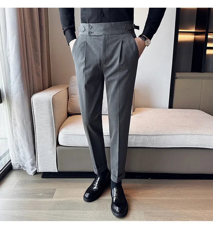 Autumn Winter High Waist Business Dress Pants Men Casual Belt Design Slim Suit Pants Formal Wedding Social Party Male Trousers
